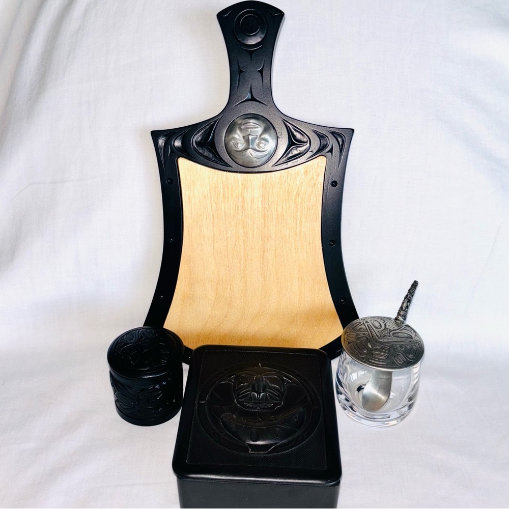 BOMA Lot First Nations Design Chopping Board Mustard Jar Pewter Spoon Box Salmon